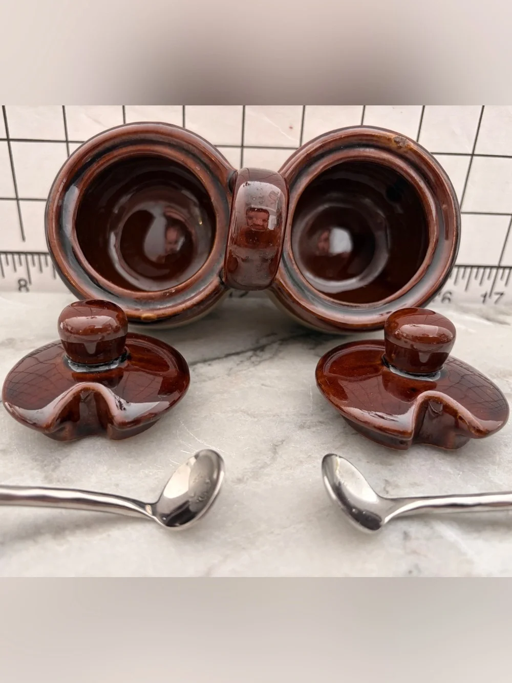 Vintage Brown & Beige Ceramic Double Condiment Jar Set w/ Lids & Spoons